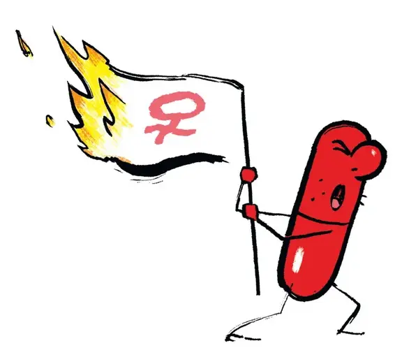 Artist's impression of a red pill burning a Feminist flag