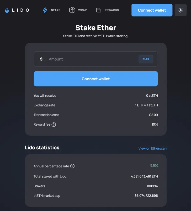 Stake ETH and receive stETH while staking.