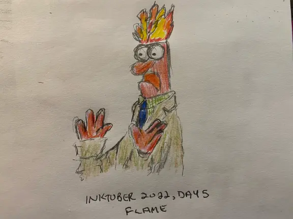 Portrait of Muppet character Beaker with his hair on fire - colored pencils