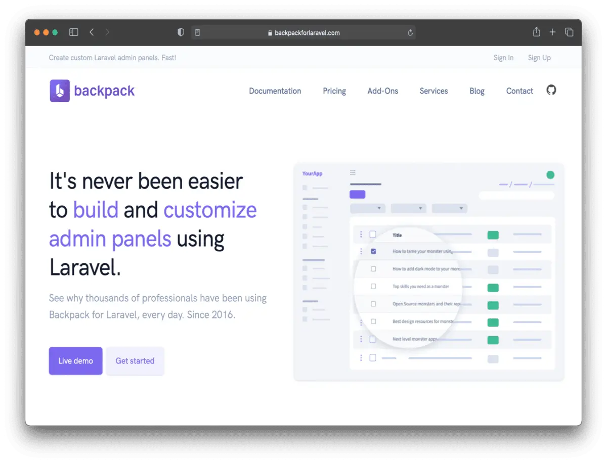 Backpack landing page