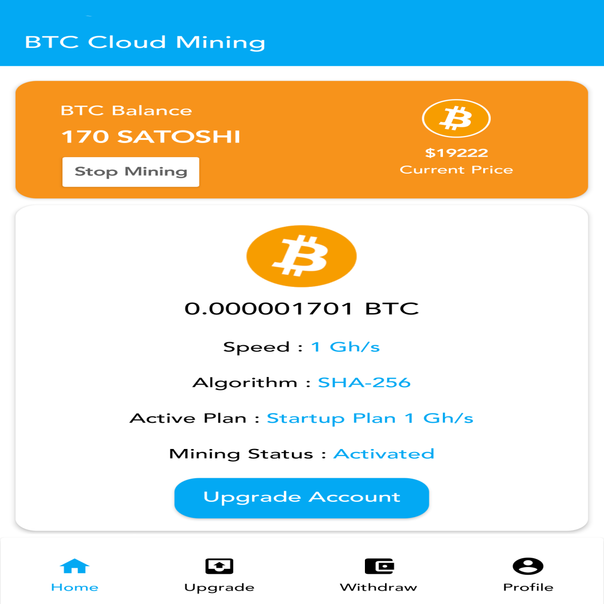 TurboMiner BTC user interface