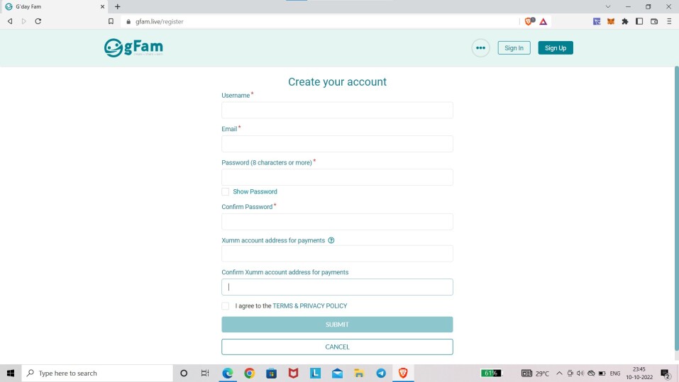 gFam - Sign Up Page