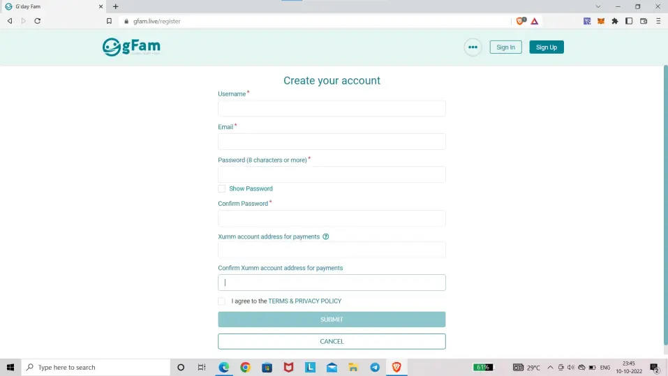 gFam - Sign Up Page