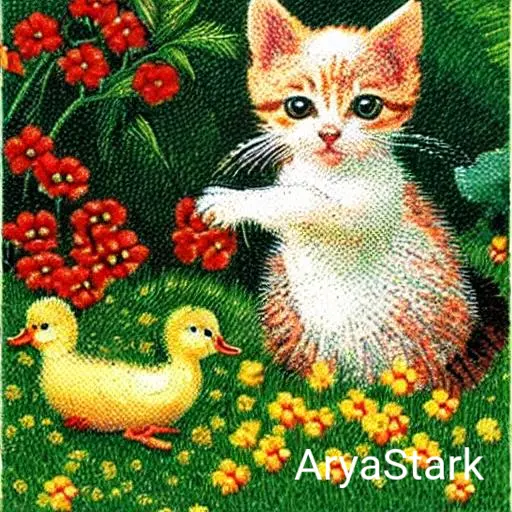 Kitten playing with little ducks in a flows garden