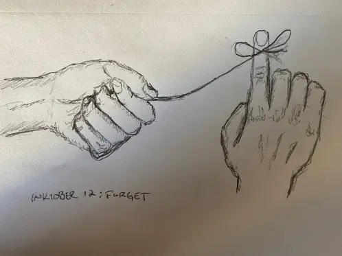 one hand pulling the string to undo a knot tied for remembrance around the finger of another hand - pencil