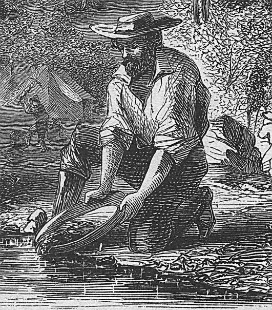 man panning for gold on the Mokelumne, 1860.