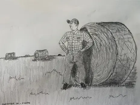 Farmer leaning on hay bale in a hay field - pencil