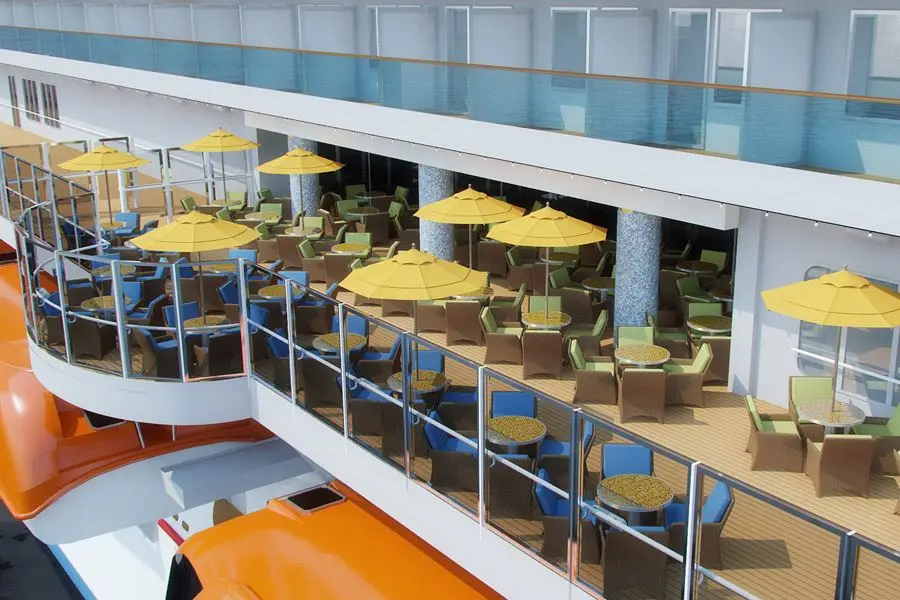 There are wonderful restaurants on the PROMENADE deck. The Lanai BBQ. At this outdoor BBQ bar, you can sample Italian sausages, grilled chicken ribs, and of course the classic ham and beef sandwiches.