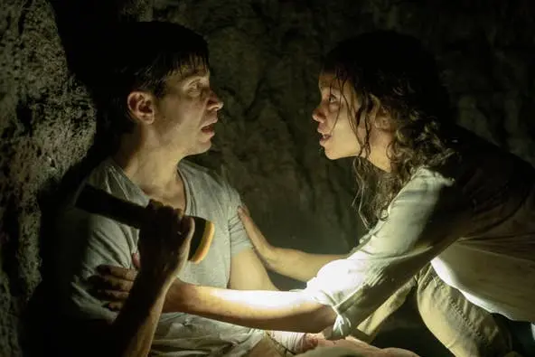 Justin Long as AJ and Georgina Campbell as Tess in Barbarian movie