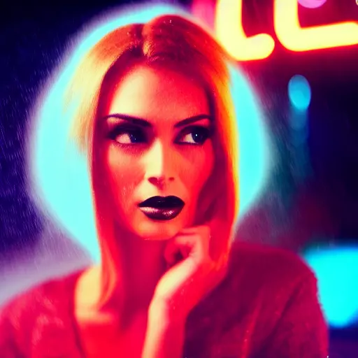 Stable Diffusion generated image of a beautiful woman standing in front of a blurry neon sign at night.