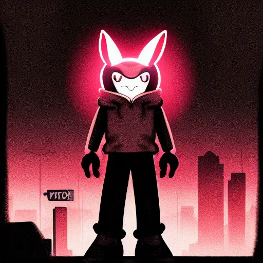 Stable Diffusion illustration of a cute robot bunny in a red dystopian setting illuminated by neon lights.