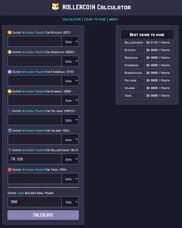 RollerCoin - Calculator