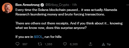 Twitter User @Bitboy_Crypto talking about Solana's past Blockchain pauses being the Company Alameda laundering money by forcing transactions through the Blockchain.