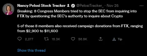 Nancy Pelosi claiming members of Congress tried to stop the SEC from inquiring into FTX due to past Donations