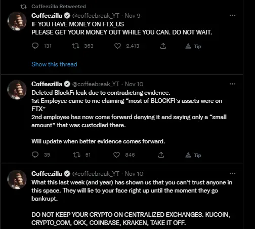 Series of CoffeeZilla Tweets, as he warns about Crypto.com CEO moving mass funds to a