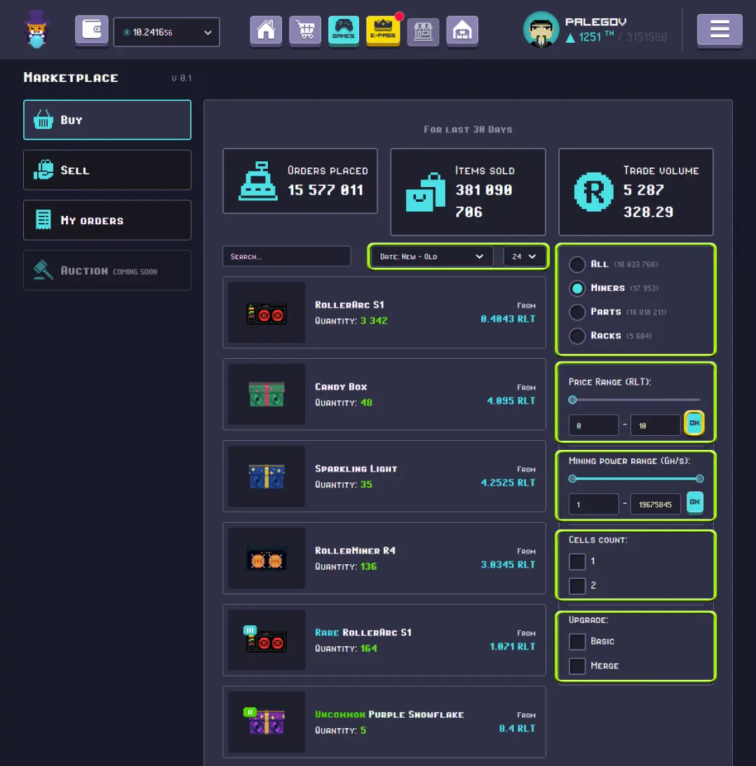 RollerCoin - Marketplace filter setup