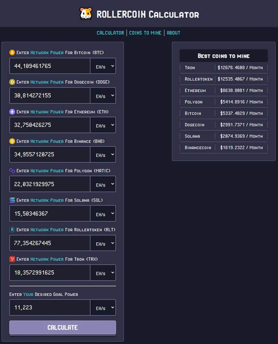 RollerCoin Calculator - Top Miner 75%