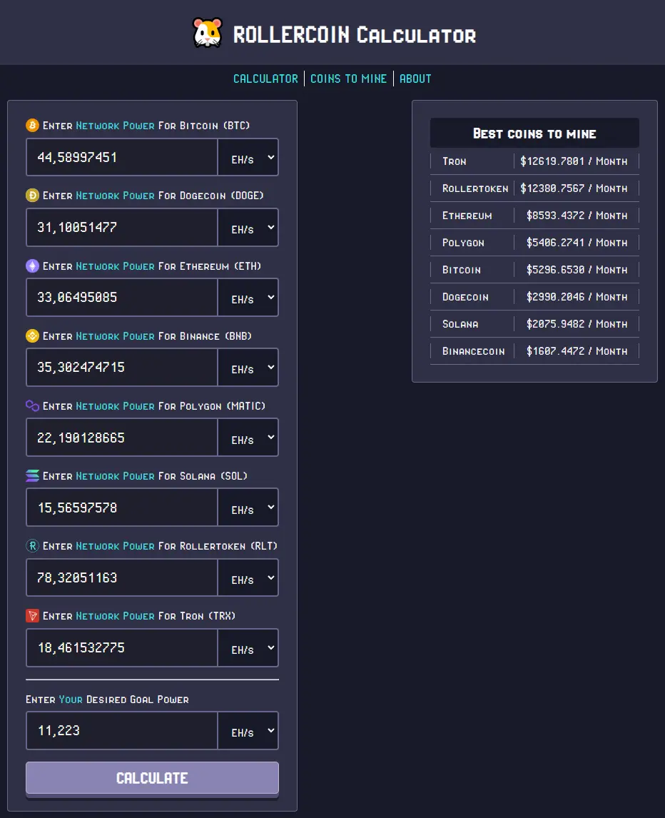RollerCoin Calculator - Top Miner 50%
