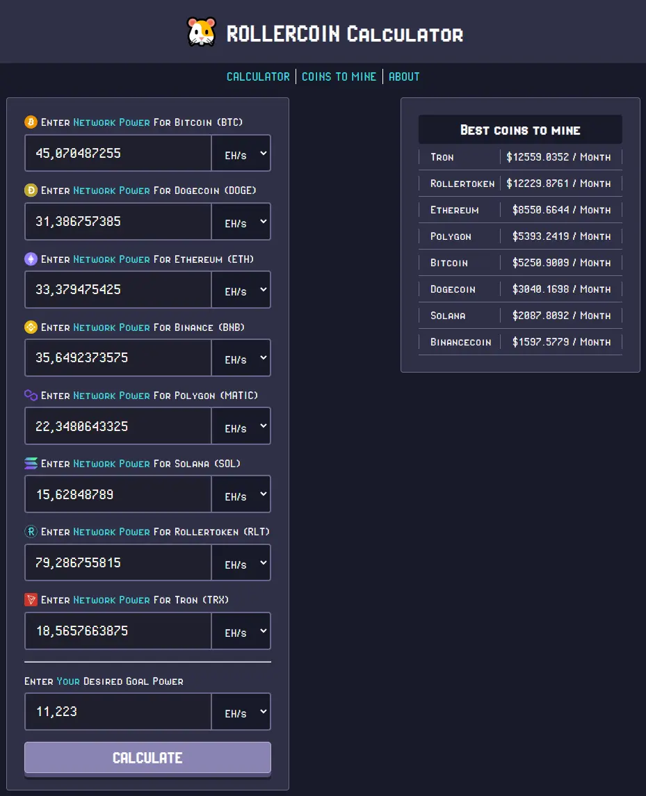 RollerCoin Calculator - Top Miner 25%