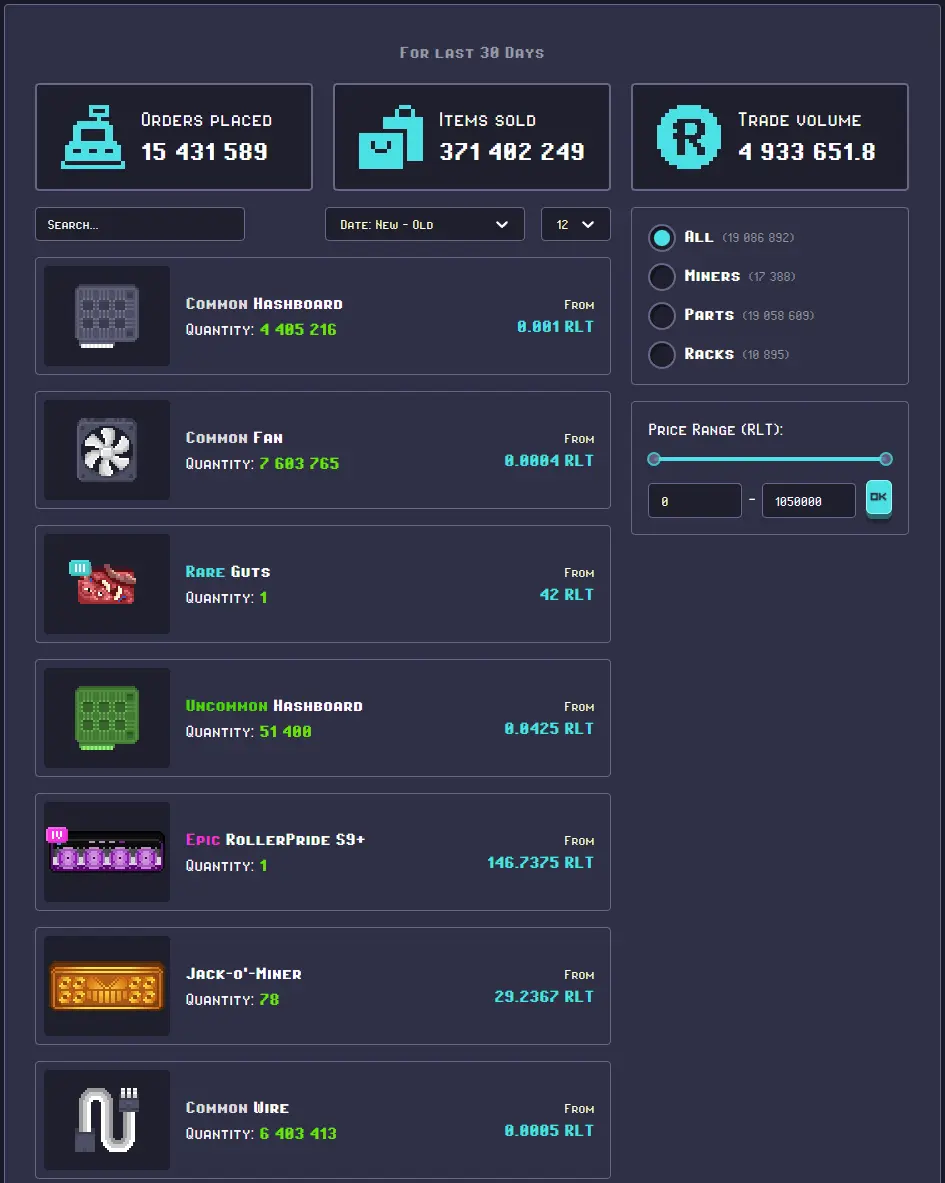 Rollercoin - Marketplace common filter setup