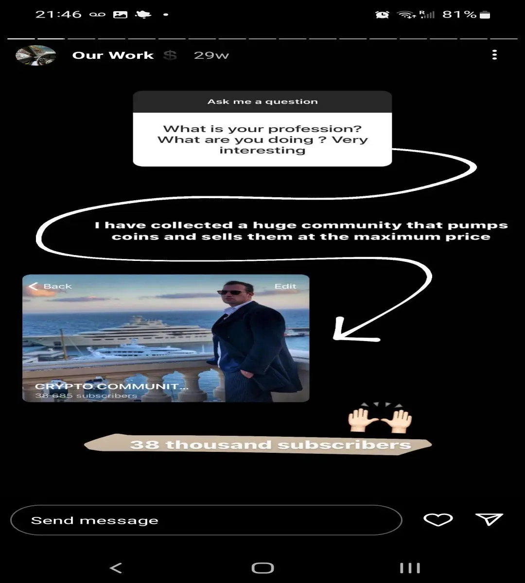 Screenshot of a pump and dump scheme Instagram account IG Story Highlight