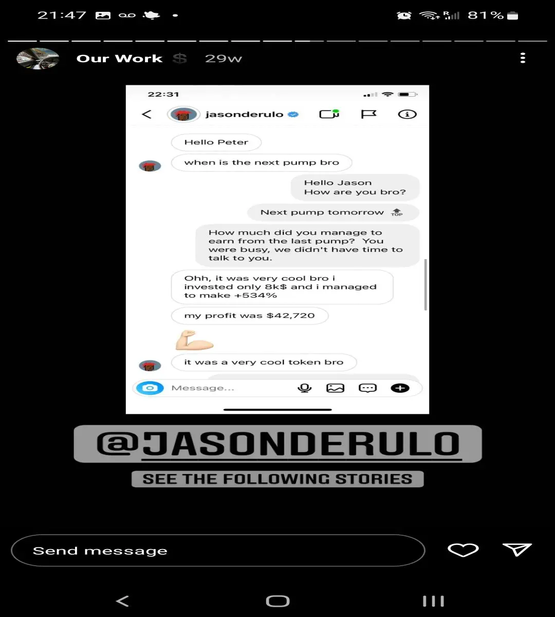 Screenshot of a 'verified' endorsement from Jason Derulo via IG messenger text