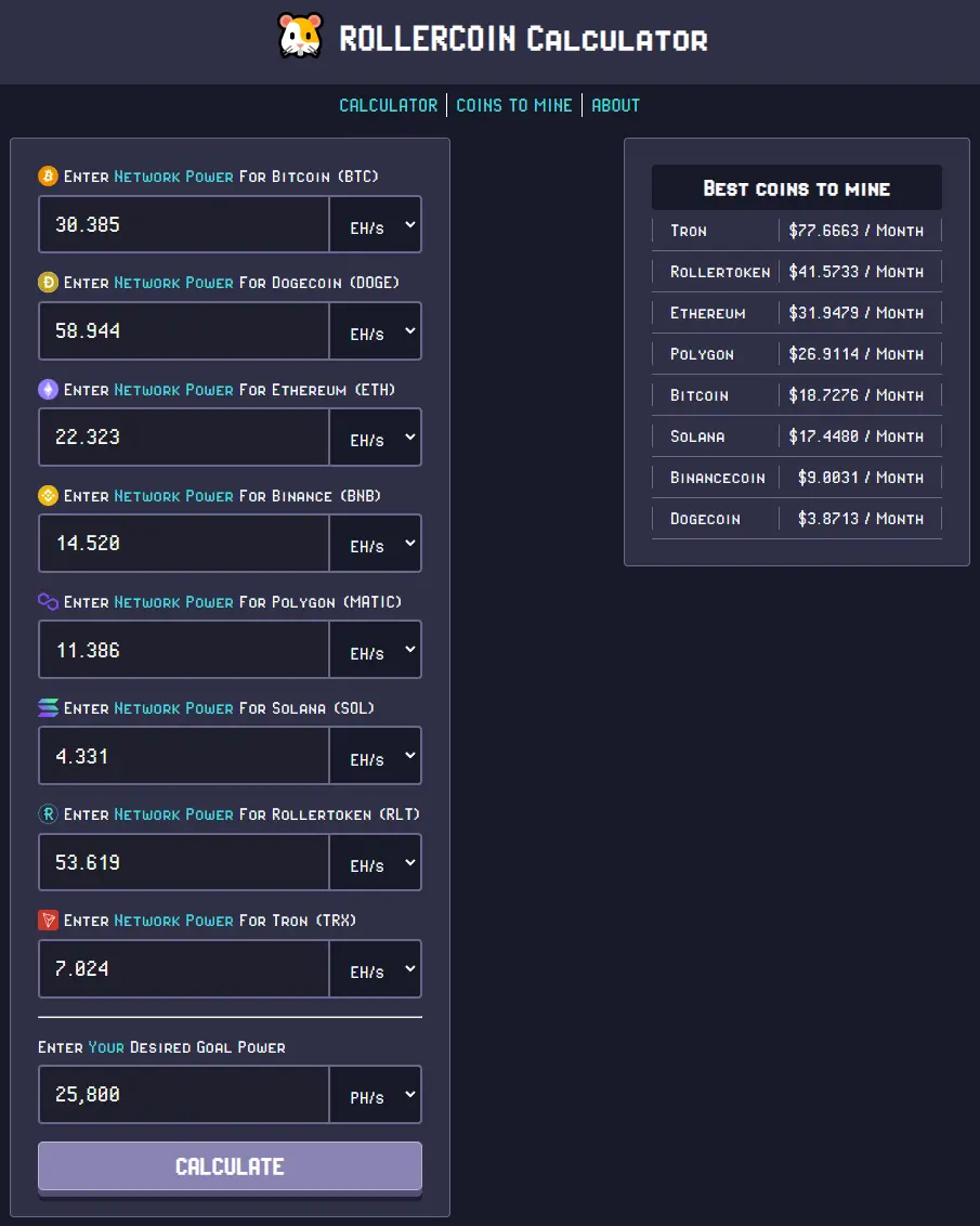 RollerCoin Calculator - My earnings - December-01-2022