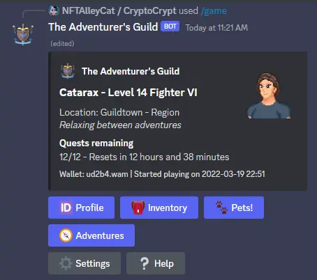The Adventurers Guild Game Main Screen