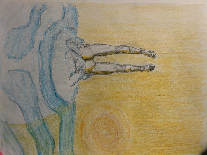 Man diving into water at sunset - colored pencil and graphite pencil