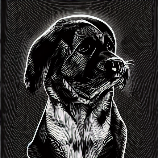 Beautiful black and white Stable Diffusion generated illustration of a dog