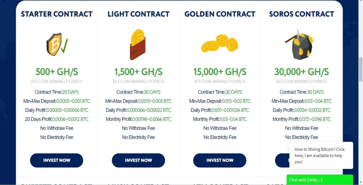 investment plans. shows the minimum amount to be able to make an investment. and your earnings. as well as the time in days that your mining contract will last
