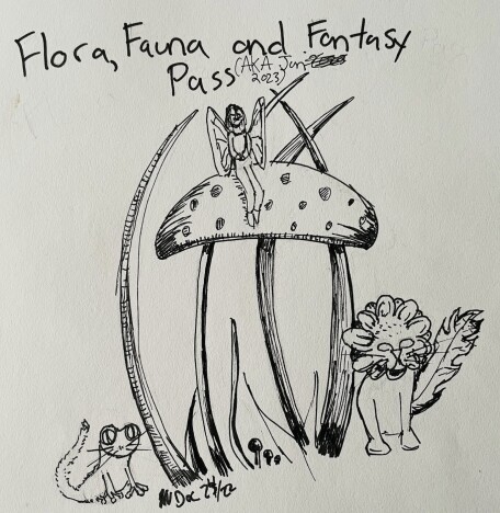 A mushroom with a fairy, a dandylion and a cat/frog