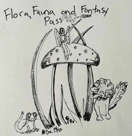 A mushroom with a fairy, a dandylion and a cat/frog
