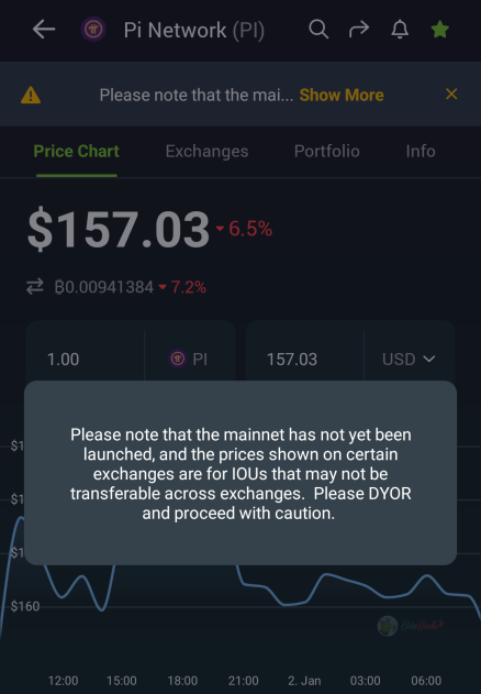 CoinGecko Pi Network warning message.