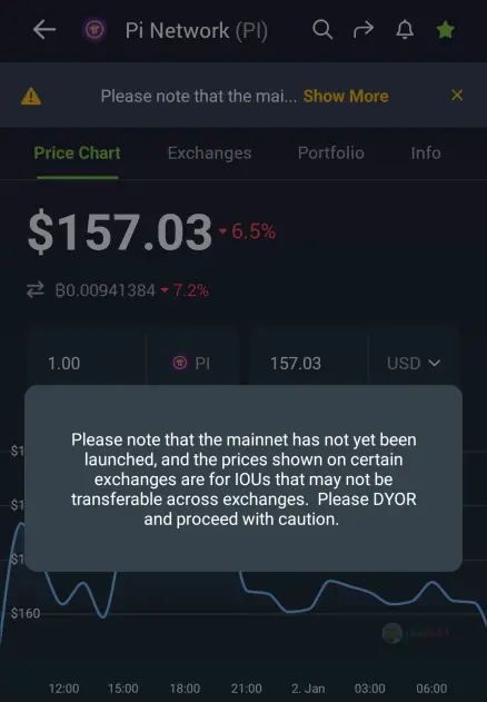 CoinGecko Pi Network warning message.