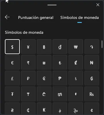 Selecciona símbolos de moneda