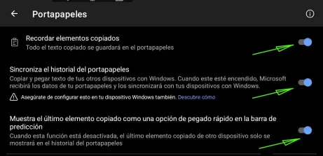opciones de portapapeles