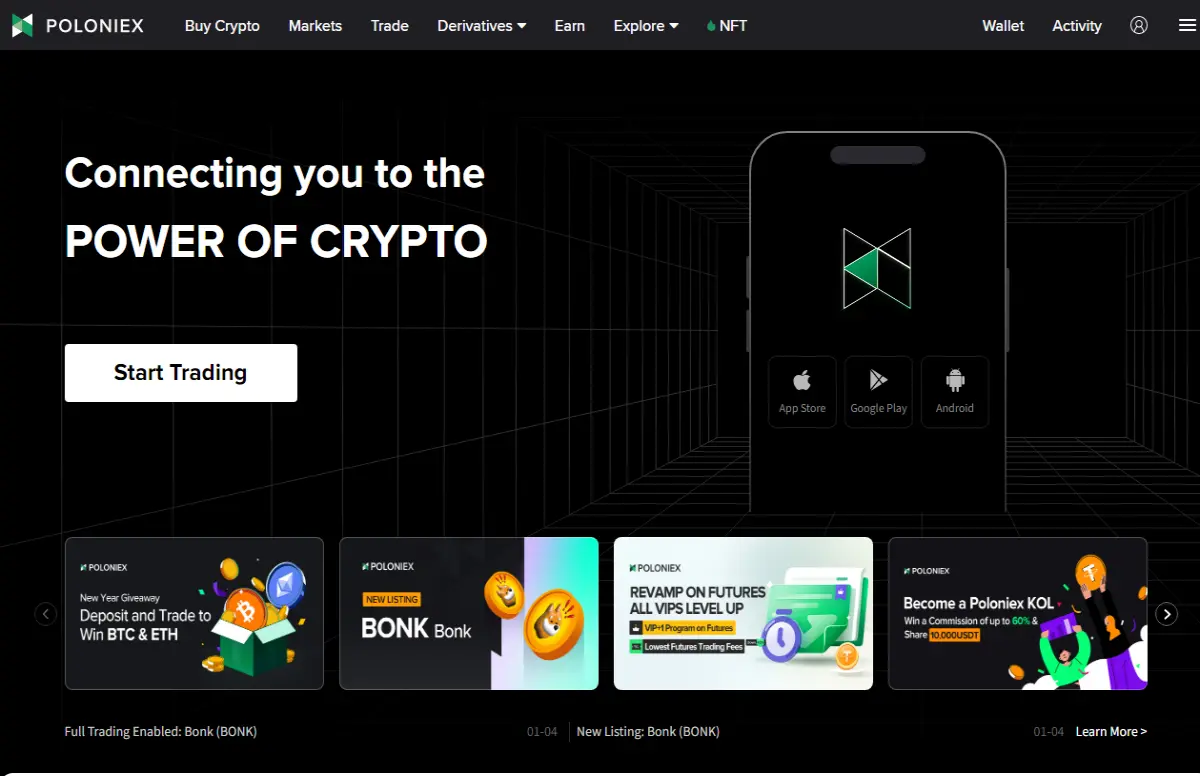 Screenshot of the start page of the Poloniex cryptocurrency exchange.