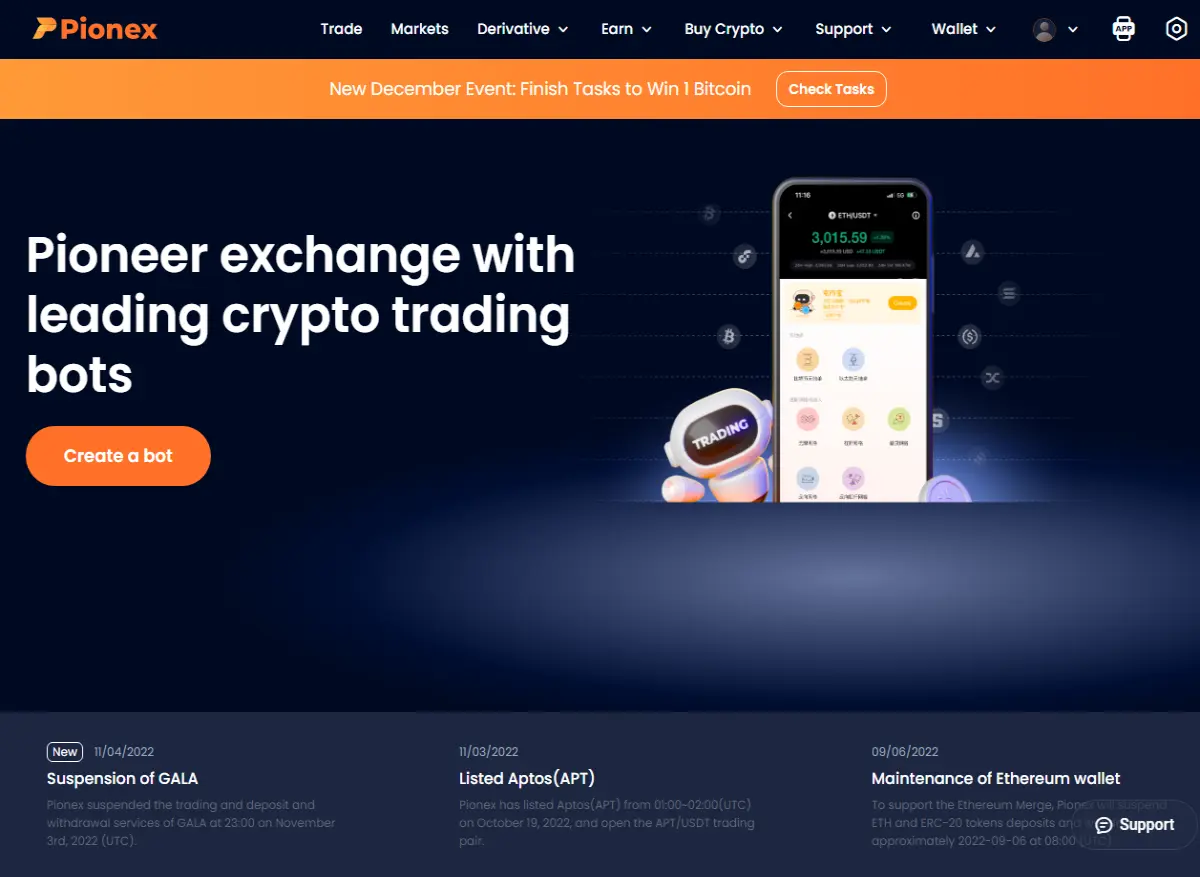 Screenshot of the start page of the Pionex cryptocurrency exchange.