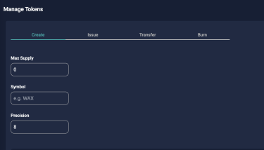 Menu and text boxes for making a token