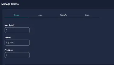 Menu and text boxes for making a token