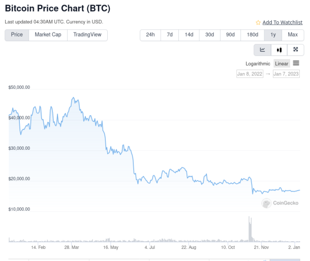 Bitcoin Price (BTC) through 2022 to now (CoinGecko)