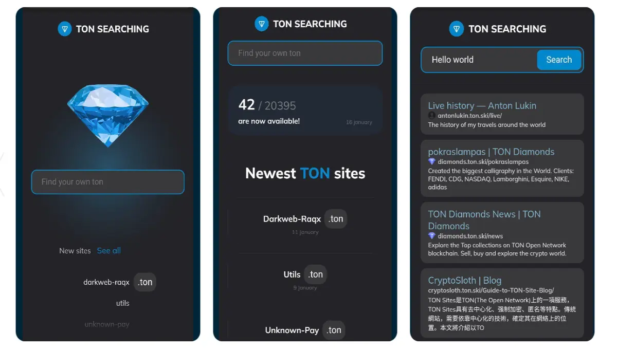 Screenshots from the app