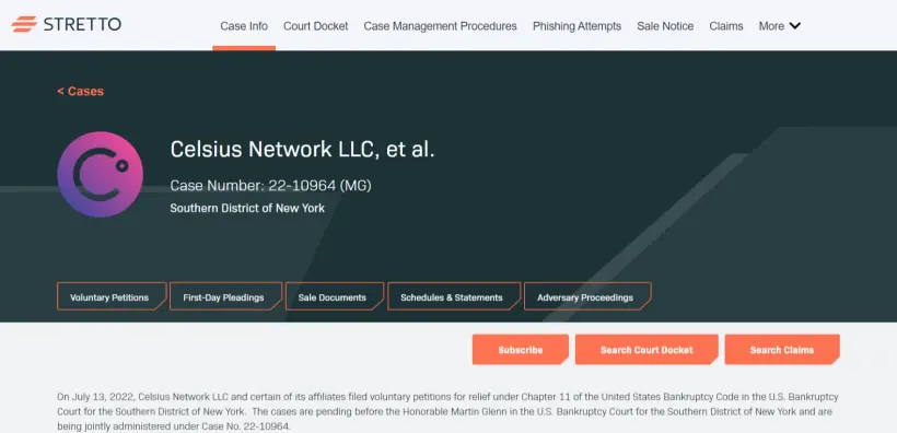 Celsius Network case documents on Stretto