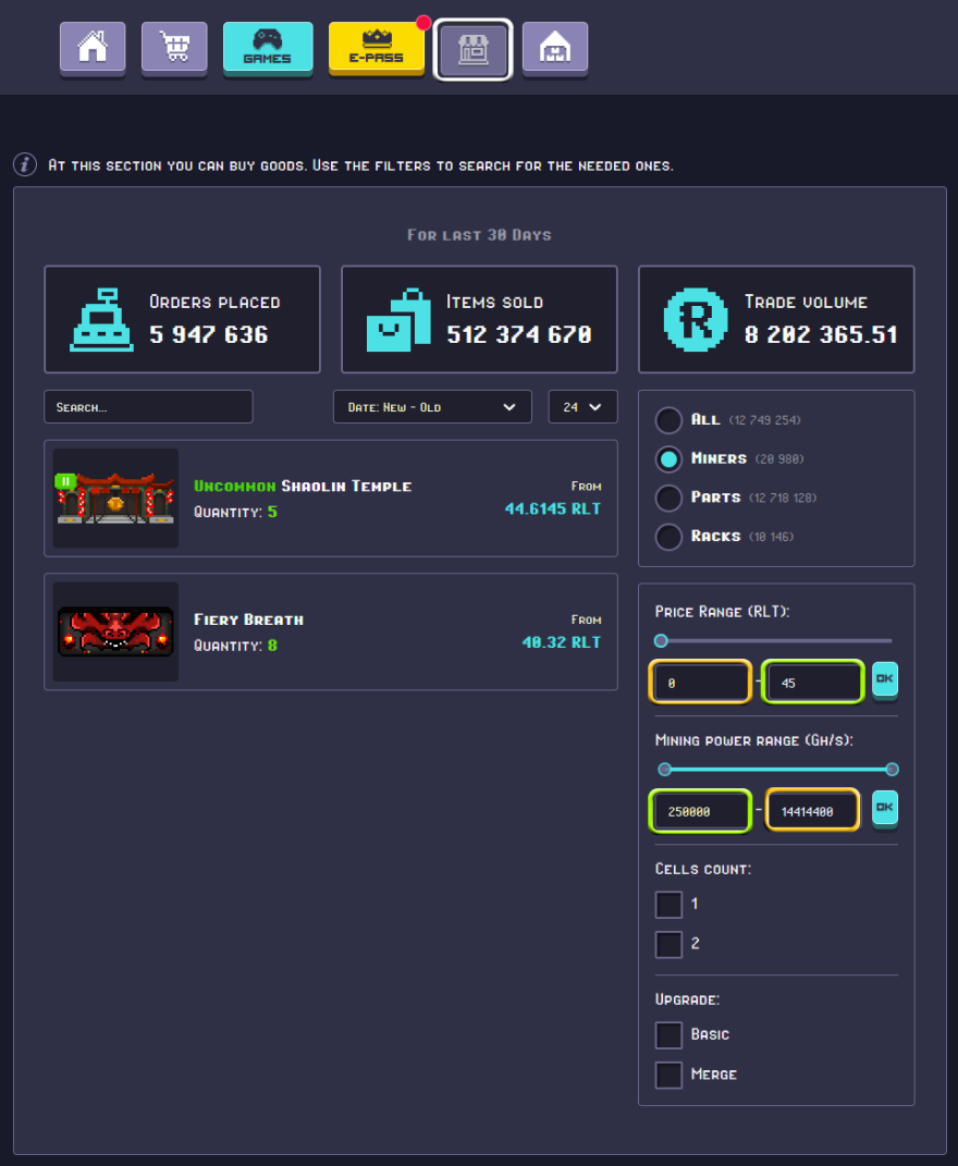 RollerCoin - Marketplace price-output range