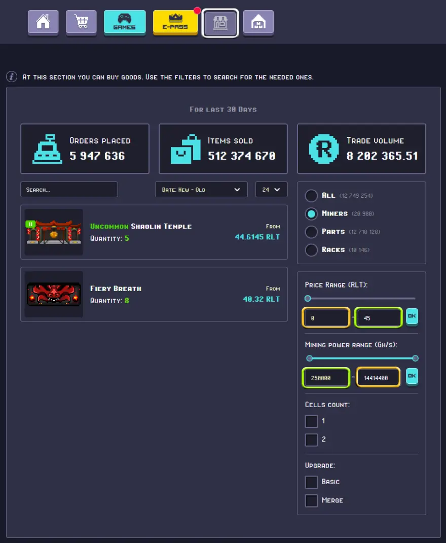 RollerCoin - Marketplace price-output range