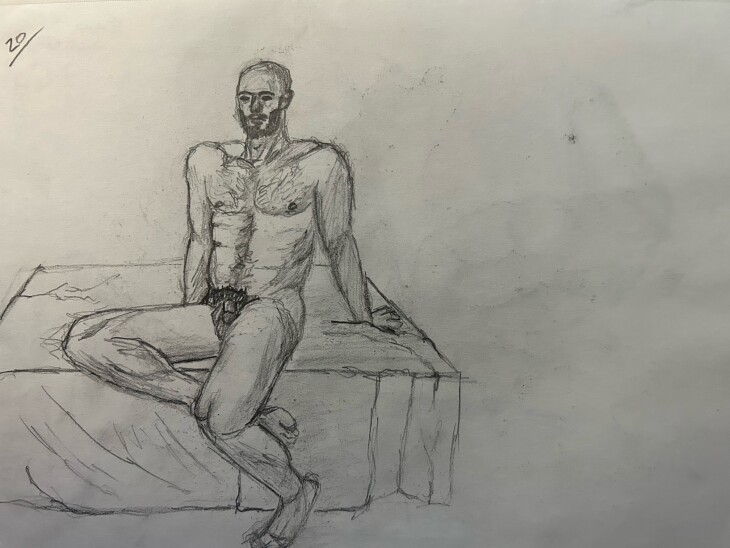 Sketch of male nude, Emil, sitting - graphite pencil