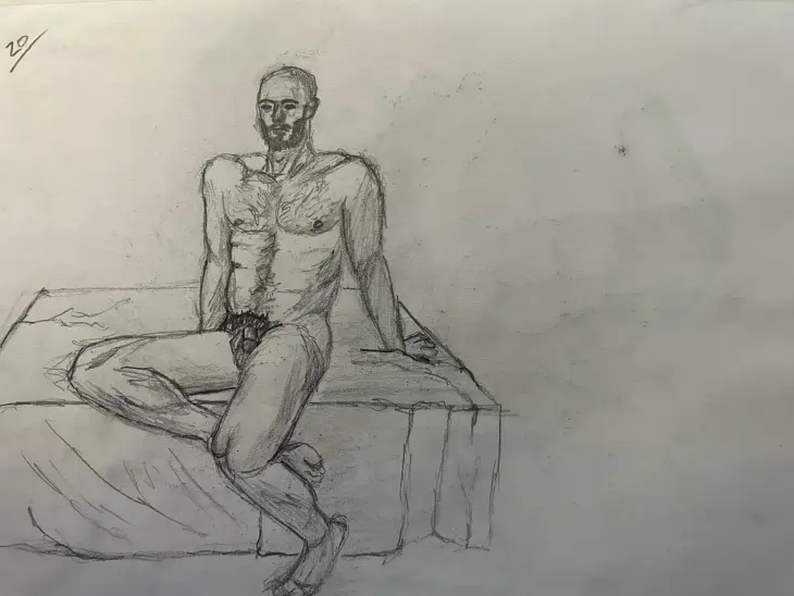 Sketch of male nude, Emil, sitting - graphite pencil