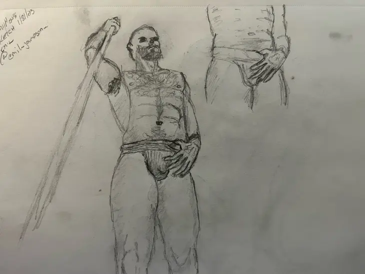 Sketch of Emil standing, severe perspective from below - graphite pencil
