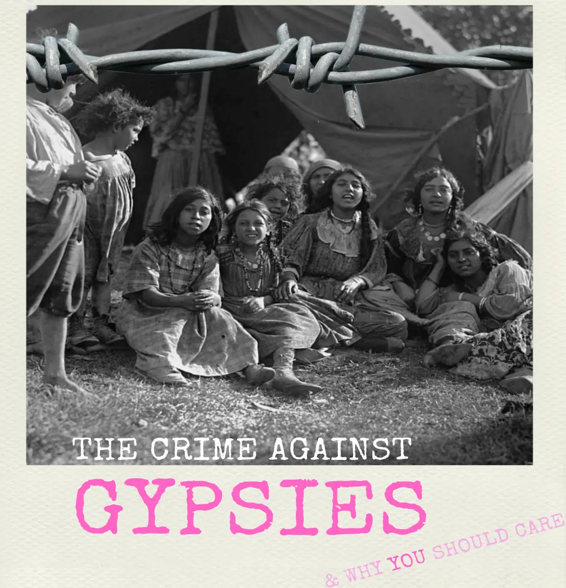 black and white image of gypsy children sitting in front of a camp tent